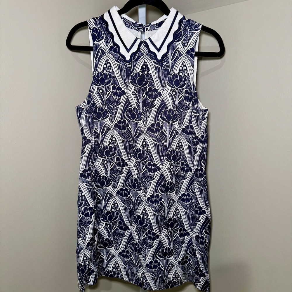 Anthropologie Maeve Lattice Floral Sleeveless Shift Mini Dress Blue White Size S
